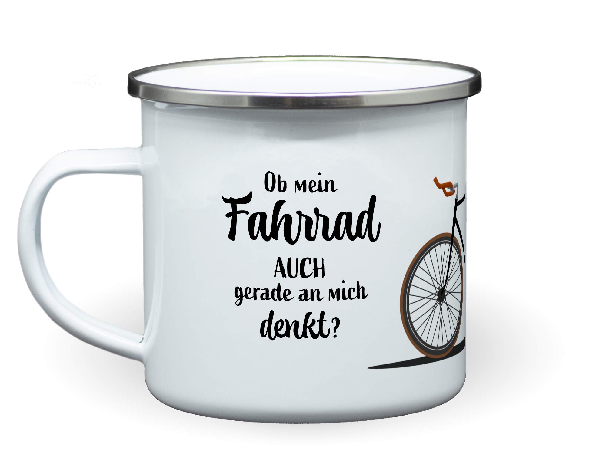 Emailletasse Radfahrer "Ob mein Fahrrad auch gerade an mich denkt?" - VPE - 6 Stück